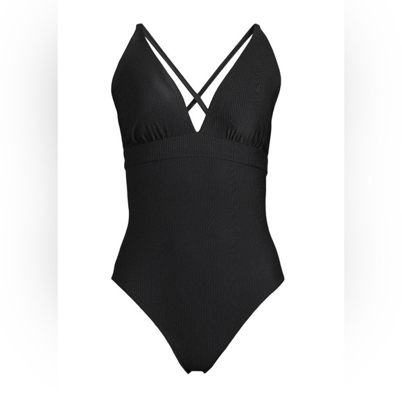 Time And Tru Womens Black Ribbed Plunge X-Back One Piece Swimsuit Size XS - Picture 2 of 10
